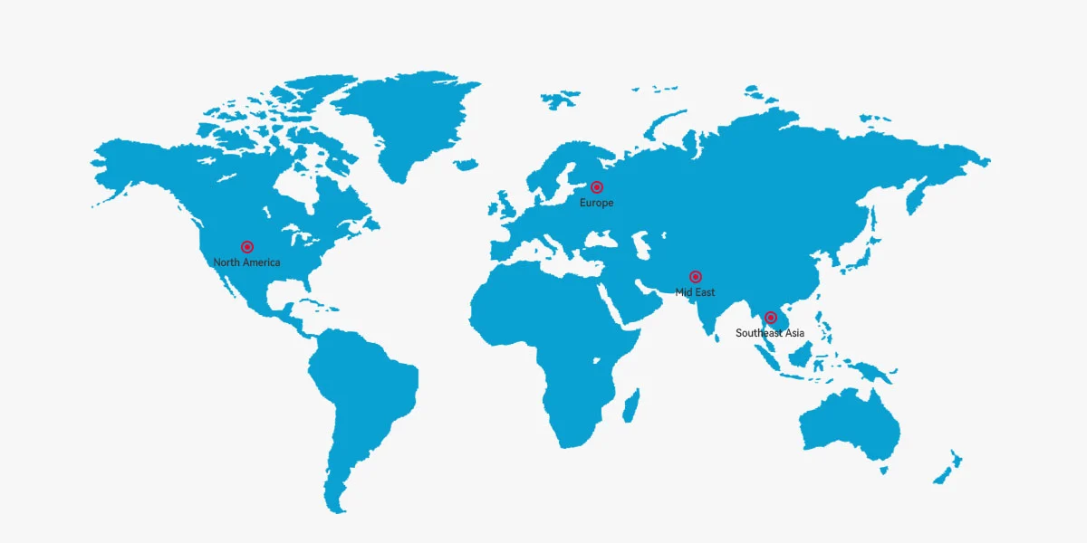 Zhenhua global sales market map showing distribution across Europe, North America, Southeast Asia, and Middle East