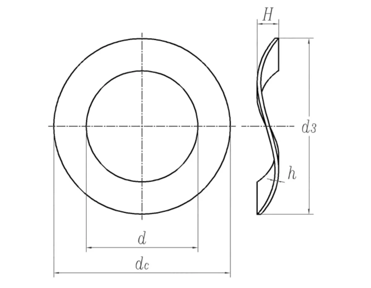 Industrial curved spring washer dimension drawing showing bore d, outside diameter dc, arc height H and thickness h