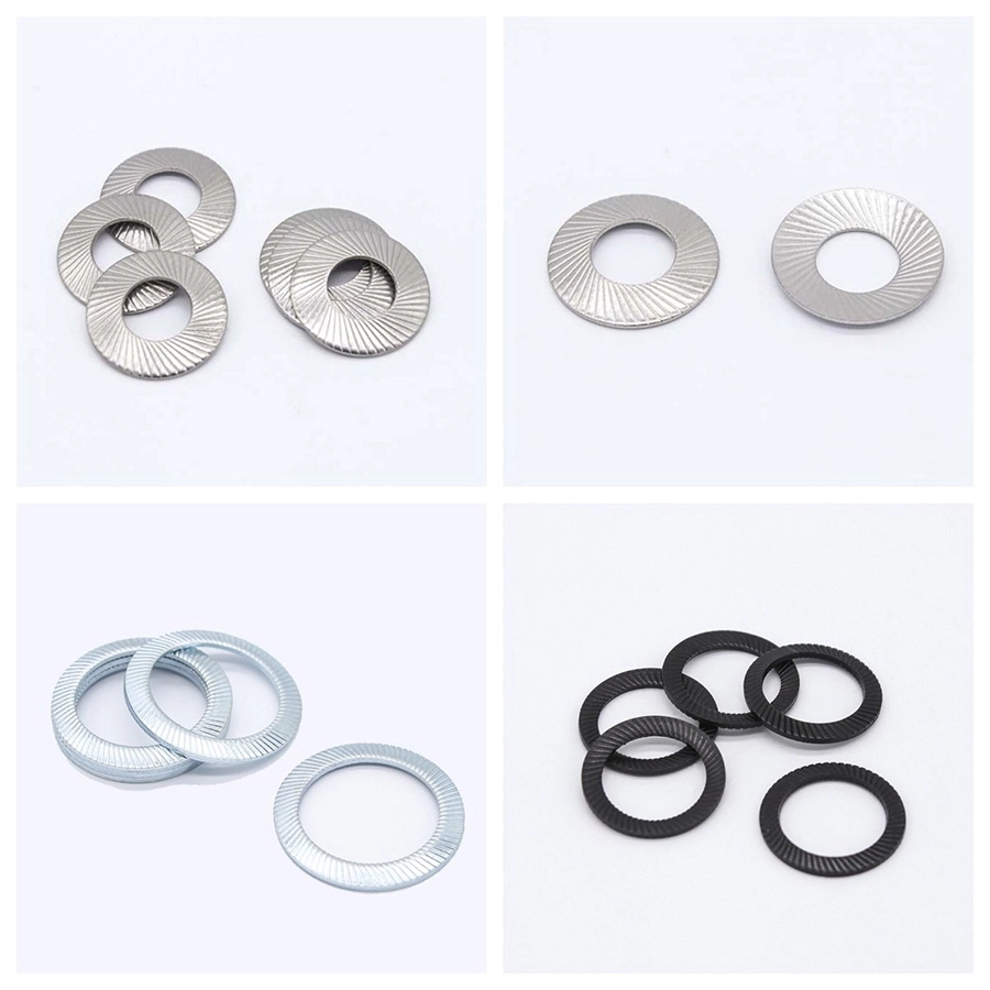 Safety lock washers in several finishes: stainless bare, blue-white zinc and black oxide