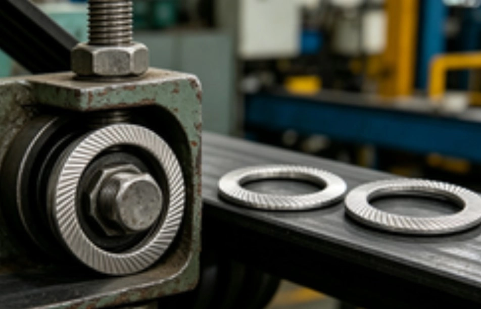 Safety lock washer installation: serrated face toward the bearing surface, cone flattened under torque to establish preload